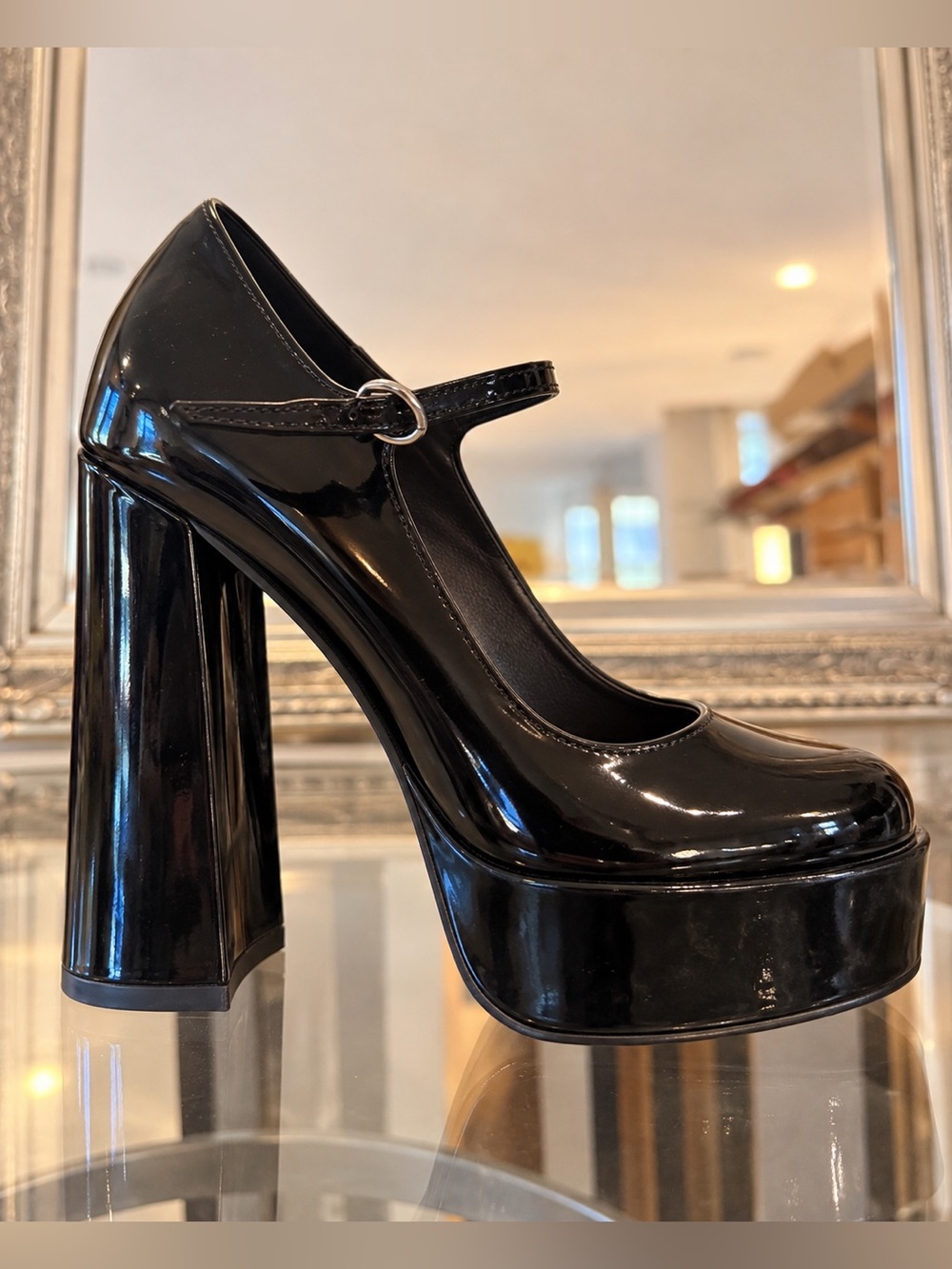 ALDO Black Patent Platform Mary Jane Pumps Chunky Heel 8 1/2